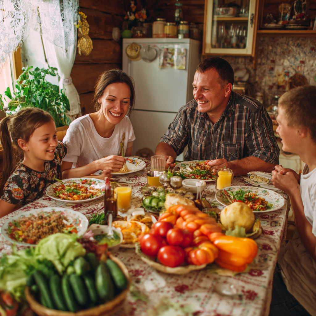 Smiling middle-aged Ukrainian woman preparing fresh vegetables in a bright kitchen, representing healthy meal planning